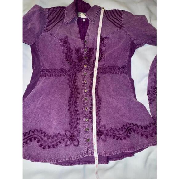Inca Cottons Artsy Shirt Purple Embroidered Button Up Layering Fall Lacey Size L - Picture 4 of 8